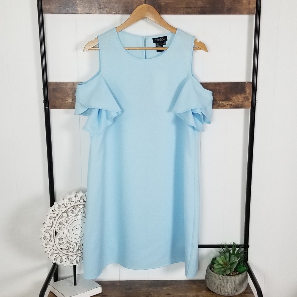 Papillion | Baby Blue Cold Shoulder Ruffle Dress NWT S